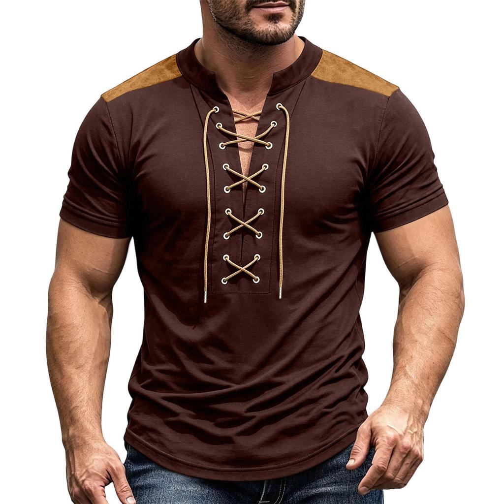 Men's Vintage V-Neck Shirt with Button Placket Short Sleeve Casual Summer Top