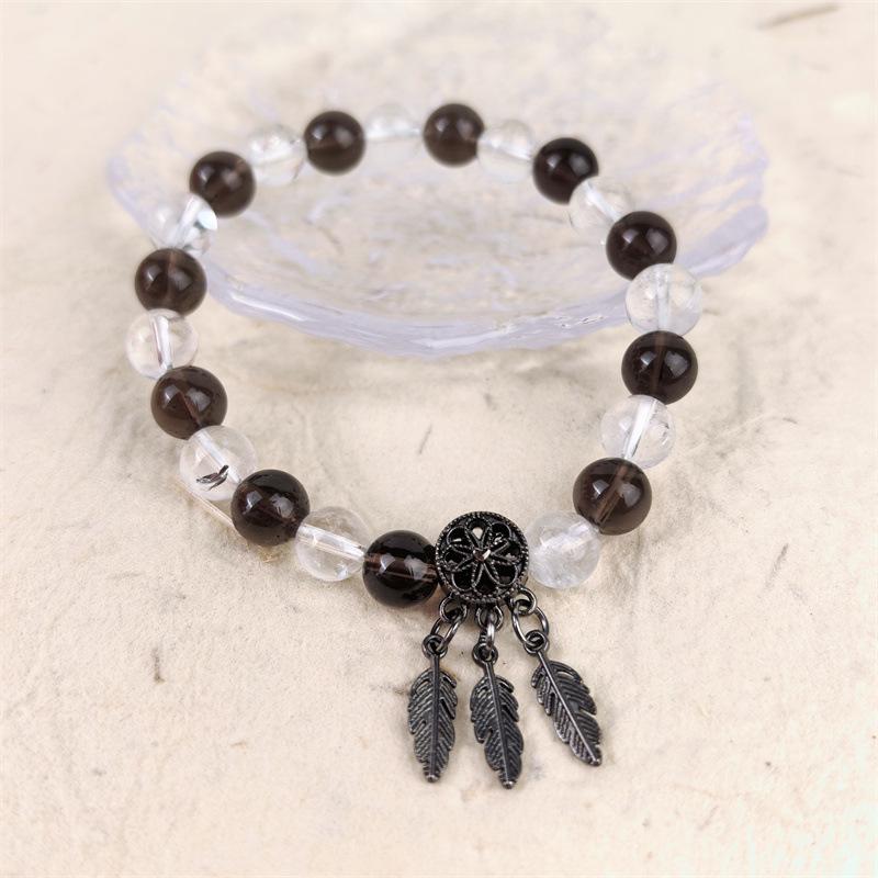 Natural 8MM White Crystal & Smoky Quartz Dream Catcher Bracelet with Wealth-Attracting Tree Leaves