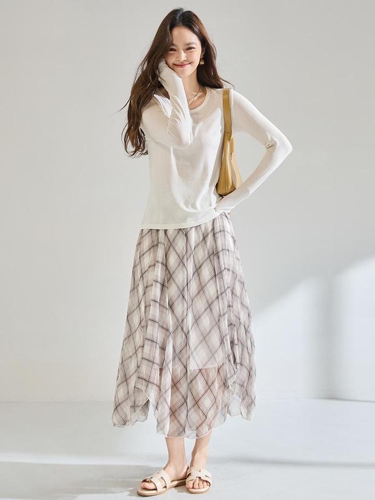 Plaid Asymmetrical Draped Chiffon Midi Skirt with Irregular Hem