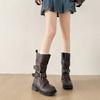 2025 new round head thick heel medium boots with skirt niche design belt buckle versatile fashion knight boots women