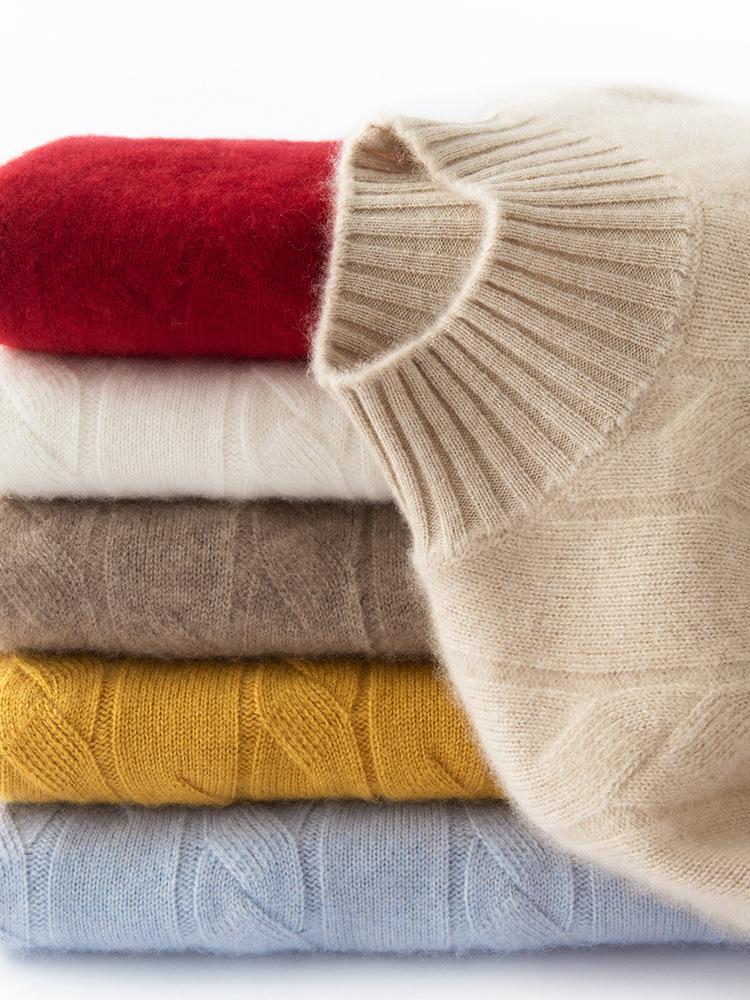 Women's Cashmere Cable Knit Sweater - Half-High Neck, Thick, Loose Fit, Versatile Slimming Knitwear for Autumn/Winter