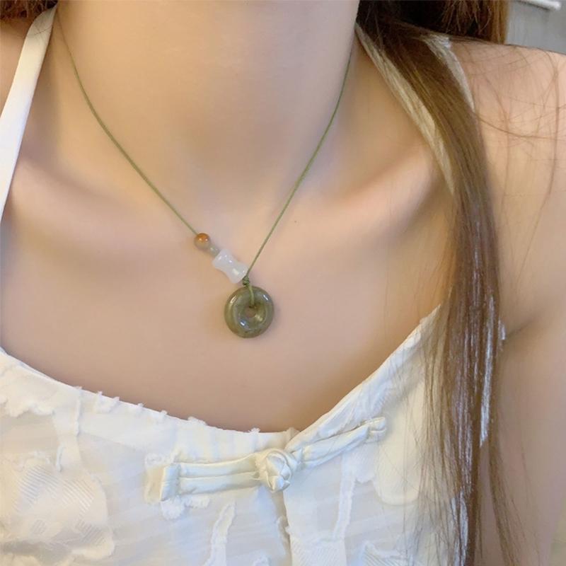 Jade Beads Safety Buckle Camellia Flower Necklace Female Temperament Long Rope Collarbone Chain Adjustable Chain Jewelry