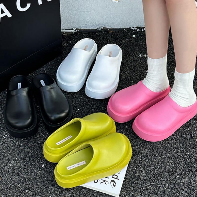 Fashion 2025 Women Slippers Summer Fashion Closed Toe Leather Shoes Loafers High Platform Slippers Women Black High Heels Zapatillas