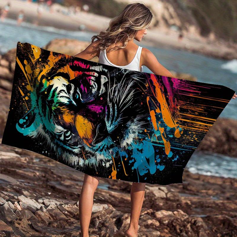 Extragroßes Buntes Tigerprint Strandtuch Weich Leicht Schnelltrocknend für Schwimmen Yoga Camping Reisen Polyester Decke