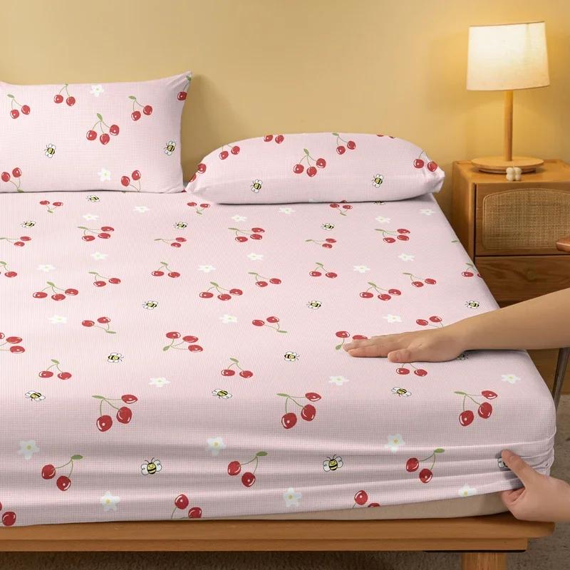Cartoon 1 Cute Fruit Cherry Bee Printed Matte Fitted Sheet, Bedroom Printed Bed Cover, Bedding Excluding Pillowcases
