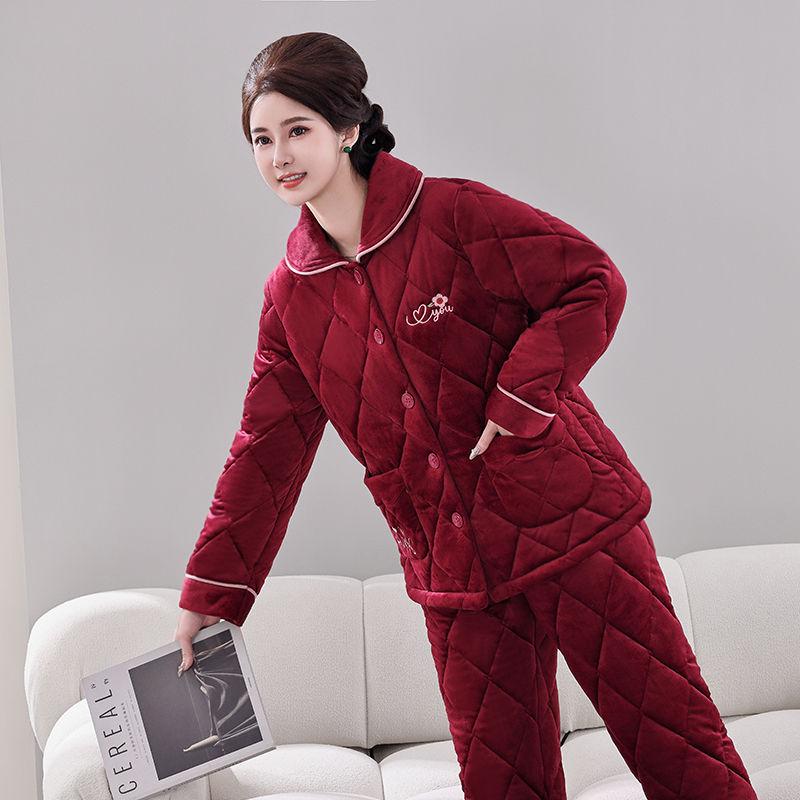 Damen Winter Korallfleece Gesteppter Pyjama - Dickes Flanell Warmes Hausanzug-Set für Mittelalte und Ältere Mütter