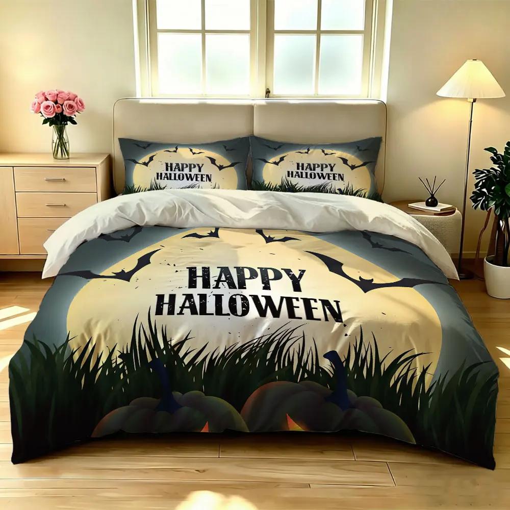 3PCS Pumpkin Bat Moon Night Happy Halloween Bedding Set with Coreless Soft Bedding Decorative and Machine-Washable