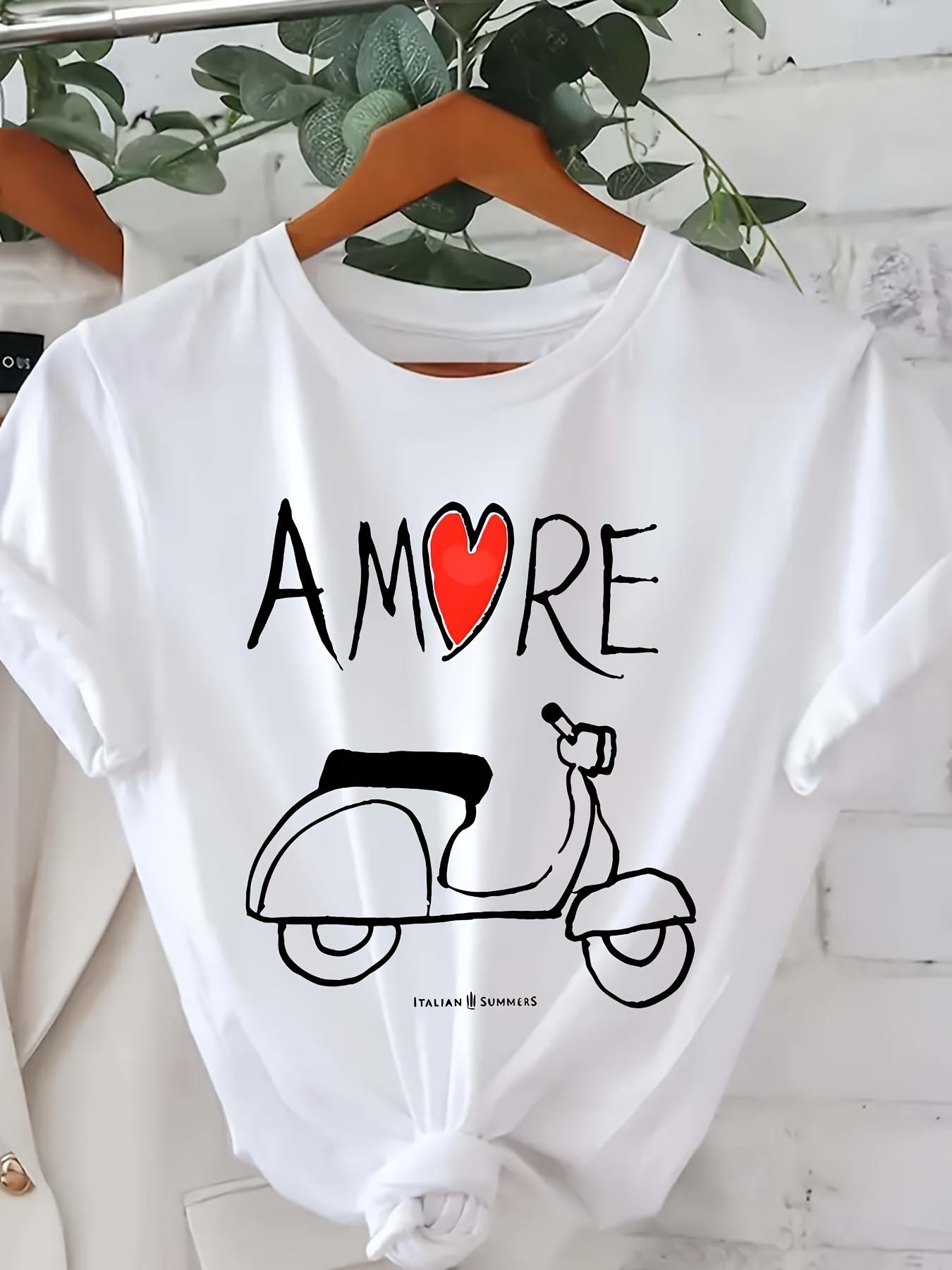

Европейские размеры Женская футболка Amore с коротким рукавом - Минималистичный принт, Топ с круглым вырезом, Повседневная блузка для весенне-летнего гардероба S белый