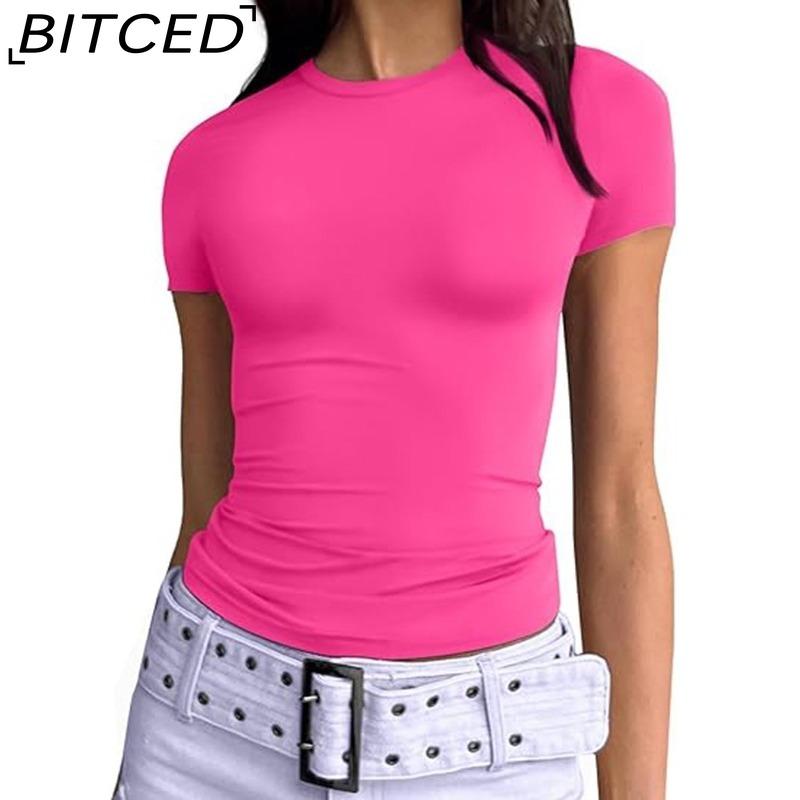 BITCED Damska koszulka z długim rękawem na lato: Stylowe topy z dekoltem O, dopasowane, do noszenia jako warstwa zewnętrzna