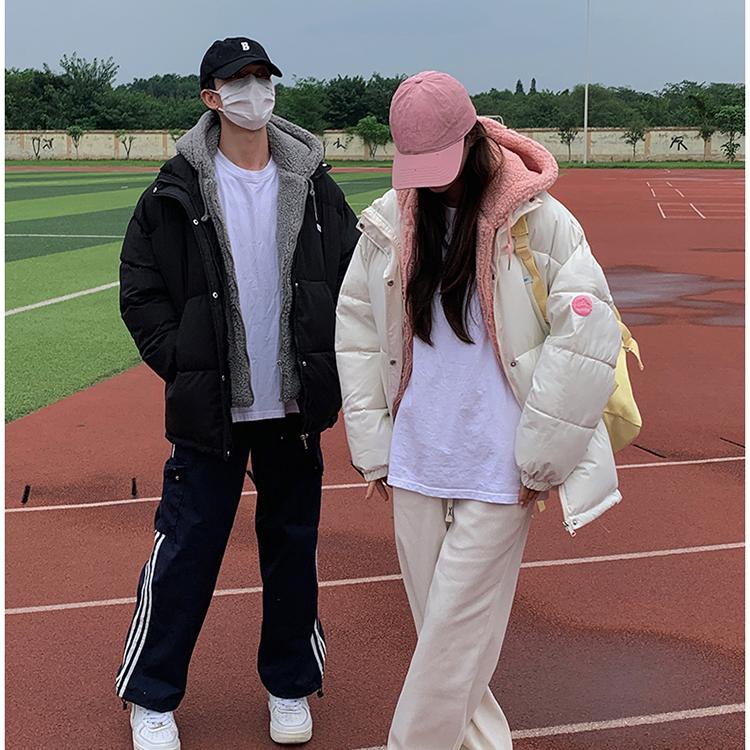Fashionable and Warm Hooded Patchwork Faux Two- Piece Lamb Wool Cotton Coat for Women