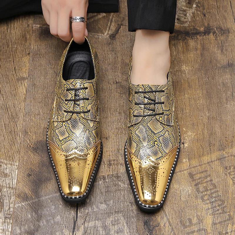 Męskie wysokiej jakości jesienne wygodne sznurowane buty bankietowe Modne męskie złote/srebrne brokatowe spiczaste buty do tańca w klubie nocnym