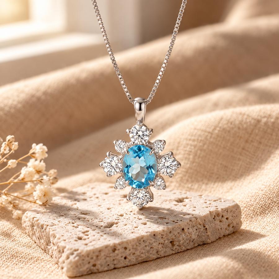 Natural Blue Topaz Snowflake Necklace, S925 Sterling Silver Winter Wonderland Pendant, November Birthstone Fine Jewelry Gift for Women