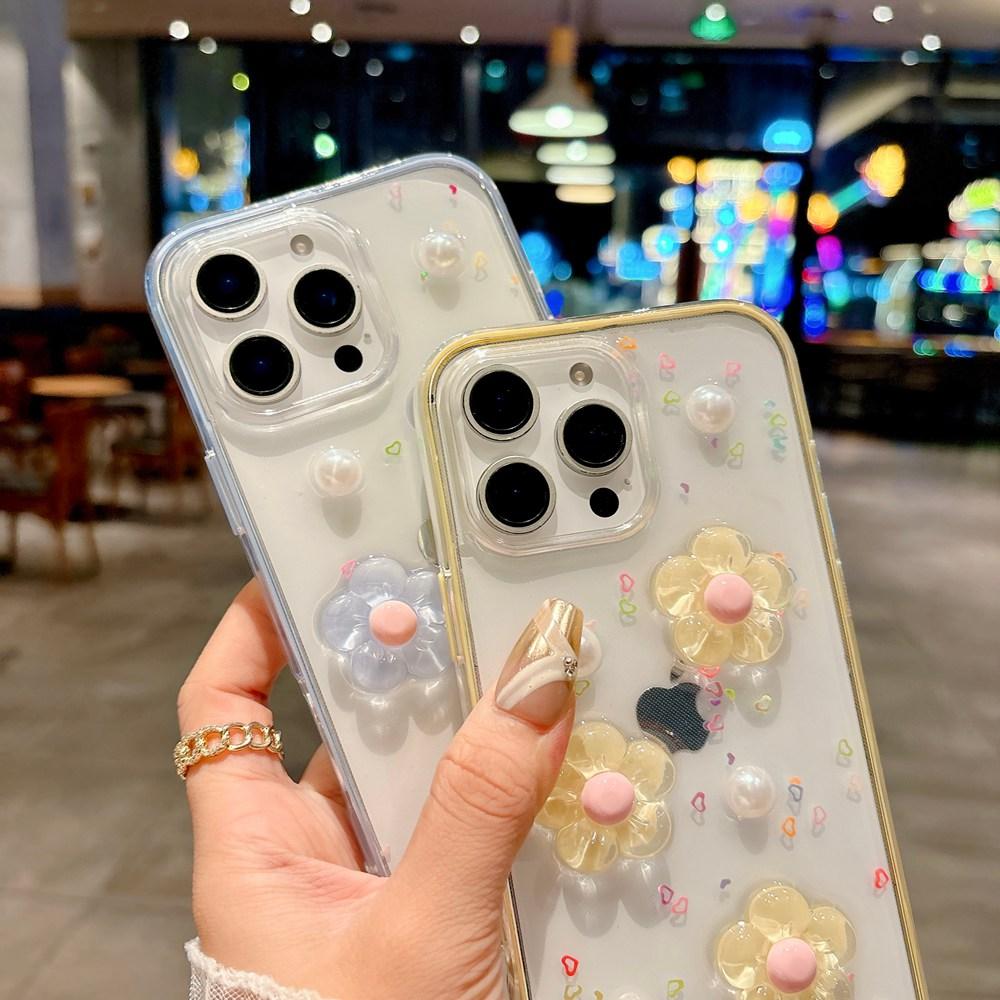 INS Korea 3D Flower 2 IN 1 Transparent Phone Case For iPhone 17 16 12 13 14 15 Pro Max Shockproof Frame Clear Soft Cover