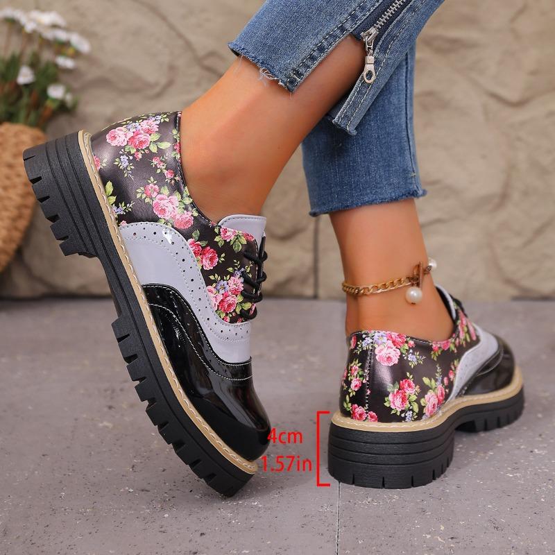 Autumn Printed Low-top Shoes 2025 New Plus-size Lace-up British Style Muffin Small Leather Shoes for Women