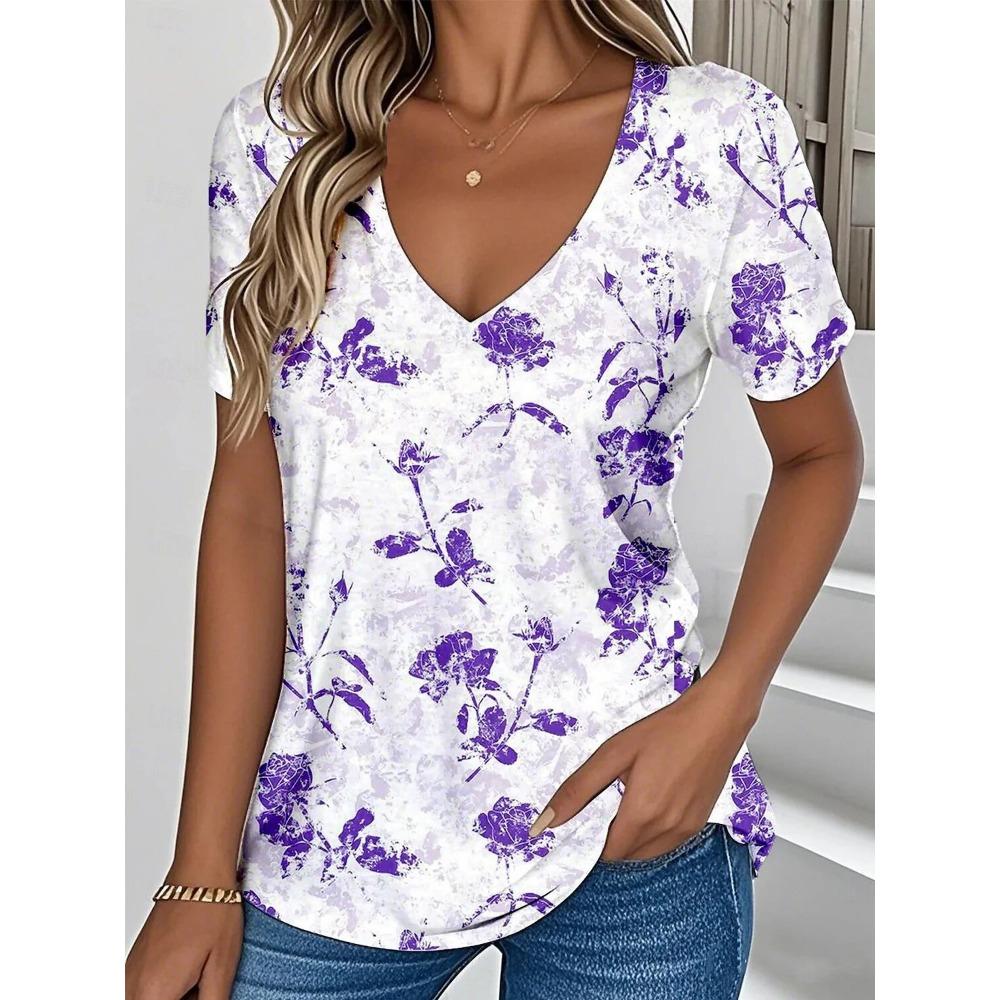 Women's Summer T-shirt Plant Flower Print Retro Fashion Casual Short-sleeved Street V-neck Women's Clothing
