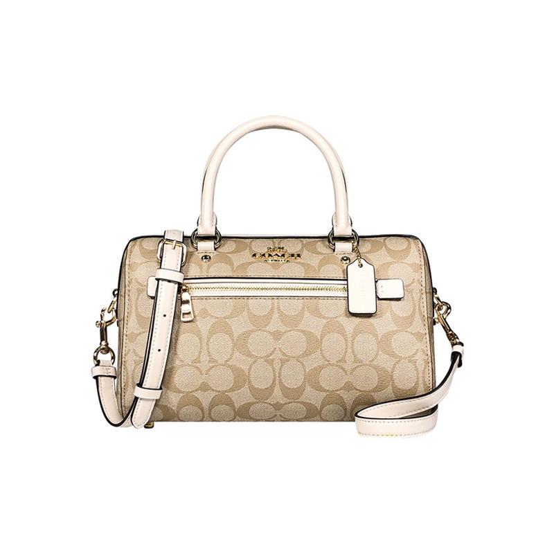 

COACH Rowan 27 brand logo zipper closure PVC Boston bag hand-held shoulder crossbody bag large size women s light khaki color коричневий