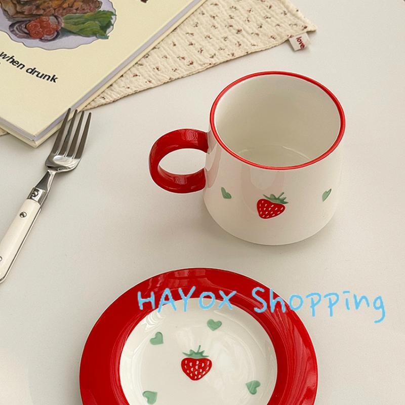 Korean Strawberry Ceramic Coffee Cup Plate Afternoon Tea Underglaze Cute Milk Cup Dish Set Red Green Color Birthday Gift