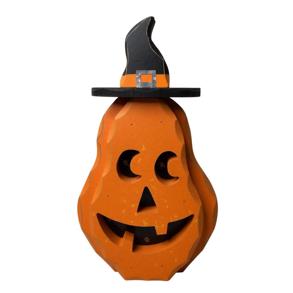 Light Up Pumpkin Decoration with Witch Hat for Indoor Outdoor Use Halloween Themed Table Centerpiece Ornament for Home Office Party Display