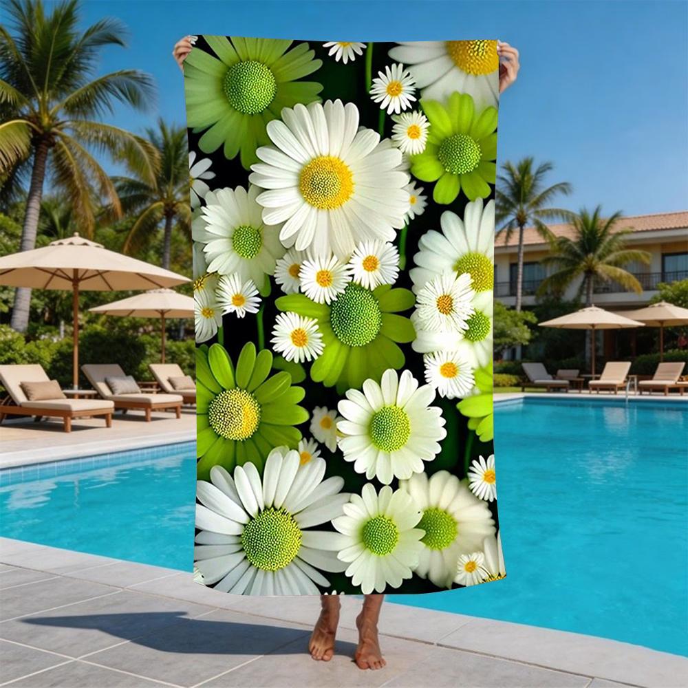 Full Print White Green Daisy Beach Towel Lightweight Quick Dry for Summer Beach Swim Poolside Daily Casual Use
