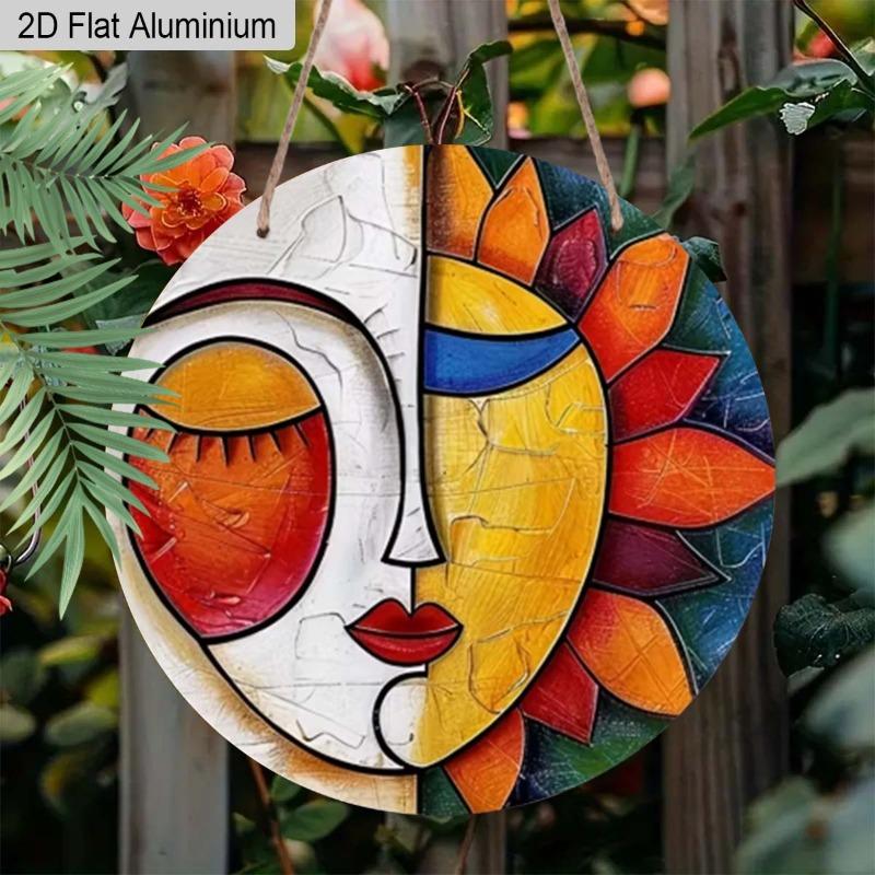 2D Flat 1pc Abstract Boho Art Aluminum Hanging Decoration Plaque, Abstract Sun and Moon Pattern Sign, Living Room Decor, Patio Decor and Meditation