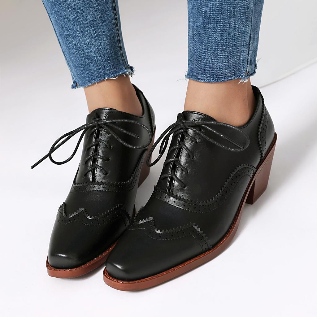Damen Perforierte Brogues Oxfords Klobige Hohe Absätze Schuhe Quadratische Zehenpartie Schnürschuhe Vintage Pumps für Roaring 20’s Kostümparty