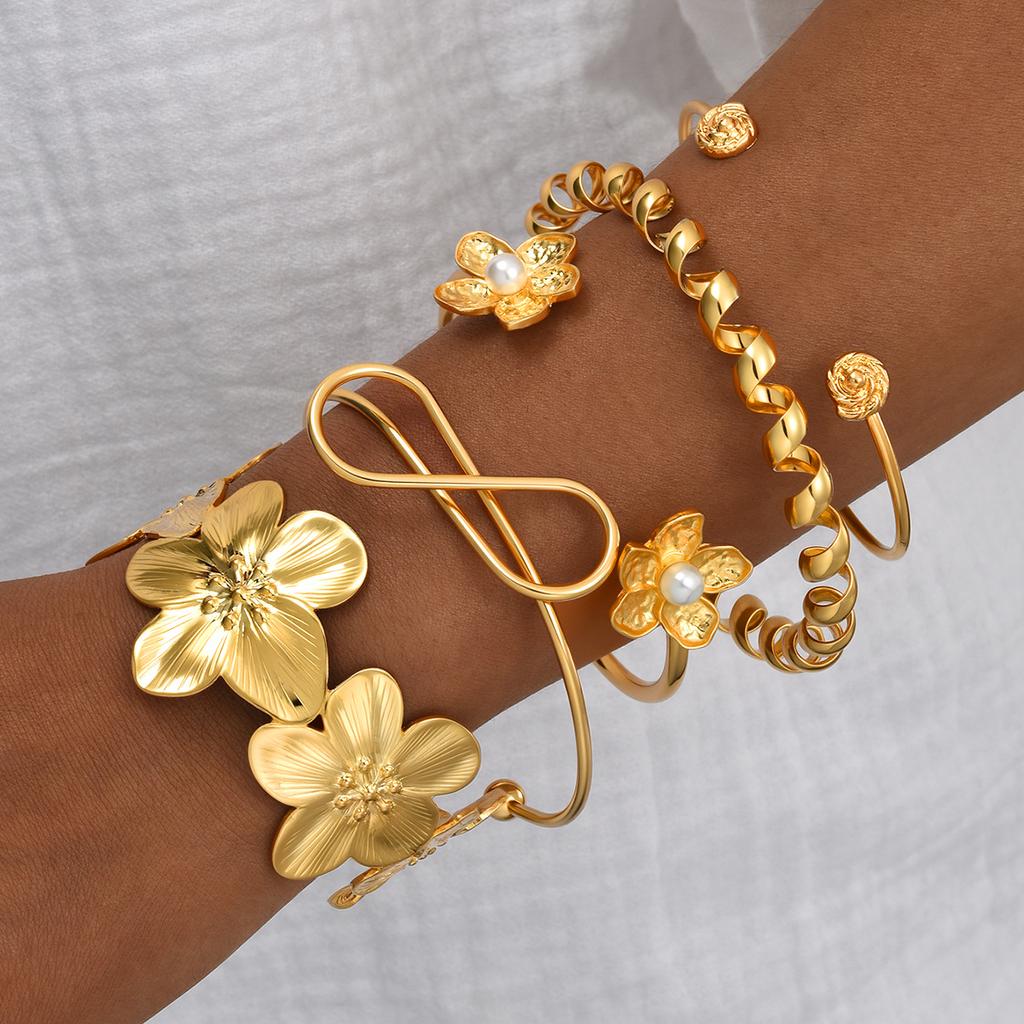 IF ME 4pcs Vintage Elegant Boho Exaggerated Flower Geometric Bangle Bracelet Set For Women Holiday Party Date Daily Wear Jewelry