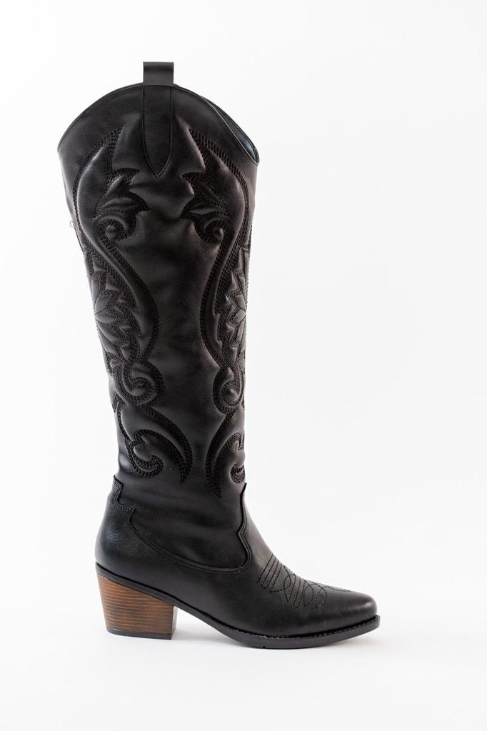 Women Modern Stylish Fashion Boots Faux Leather Suede Black Leather Embroidered Medieval Cowboy Long Boots