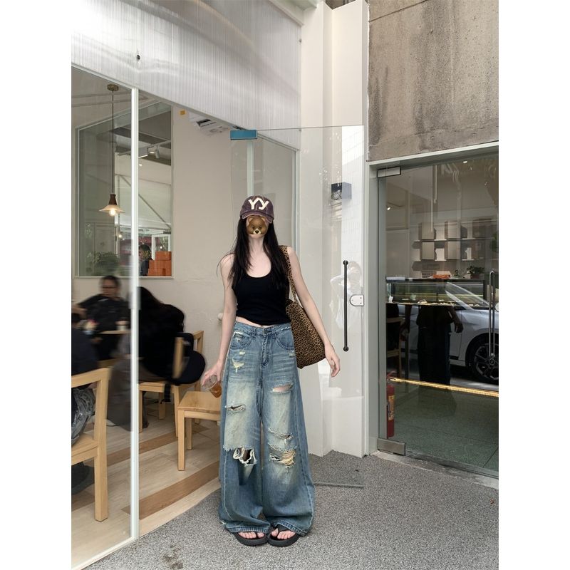 Retro Ripped Wide-Legged Denim Women's Summer American High Street Straight-Leg Pants Stylish High Waist Pants Mop Trousers