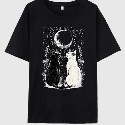 Schwarz-weiße Katze schaut Mondmuster-Print T-Shirt Mode Damenoberteil Sommer Kurzarm Damenbekleidung