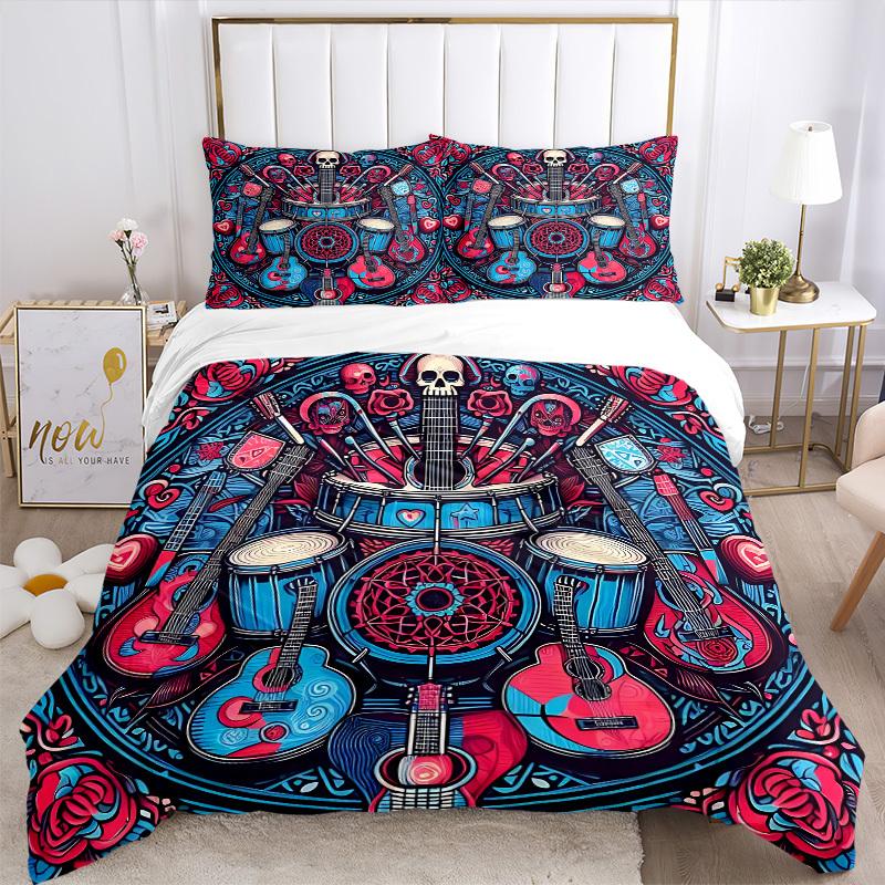 3pcs Guitars Roses Bedding Cover Set, Fashion Classic Popular Print Bedding Set, Soft Comfortable, All Season Use, For Bedroom, Guest Rooma0819128
