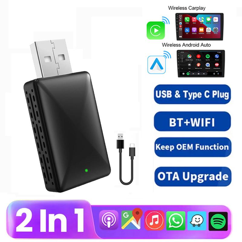 2 In 1 Wired To Wireless Carplay Adapter for IOS Android Wi-Fi 6 Bluetooth 5.4 Auto Smart USB Dongle Plug and Play Carplay Wireless Adapter