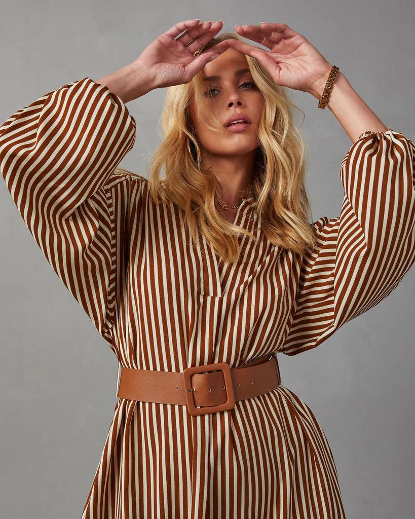 European and American Women's V-Neck Striped Belt Shirt Dress - Autumn 2025 Fashion