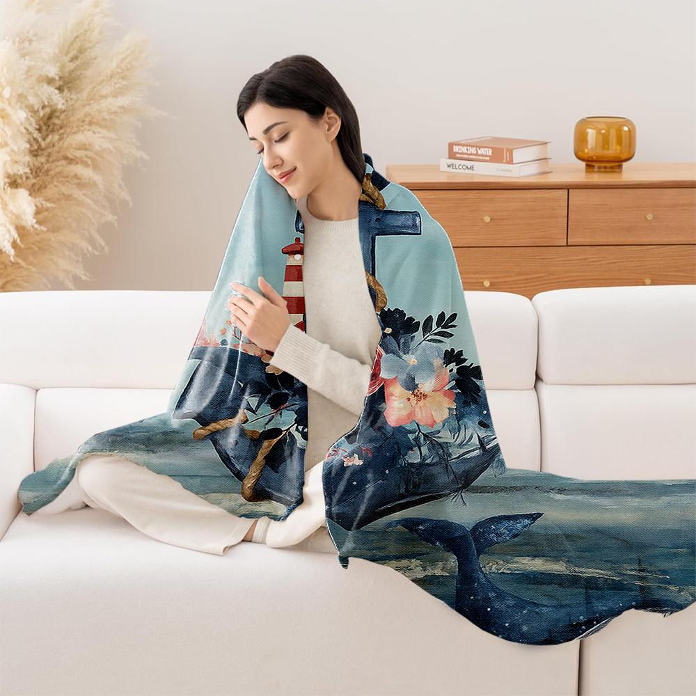 1pc Romantic Ocean Anchor and Whale Floral Print Blanket, High-Weight Flannel Fleece Throw | Beige-Friendly Warmth for All Seaso