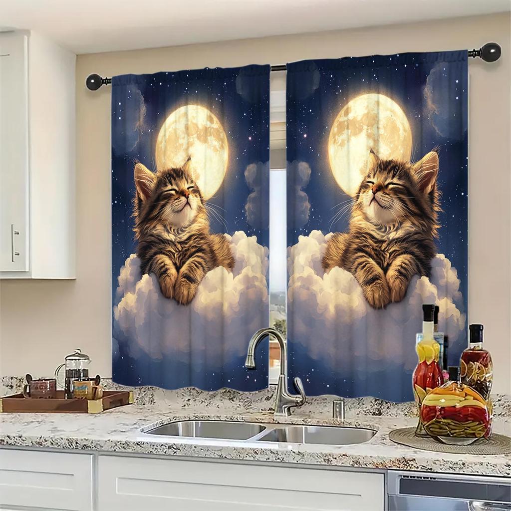 2-Panels The Cute Cat Sleeps Soundly On The Clouds At Night Printed Curtains   Suitable for Artistic Home Decorative Curtains