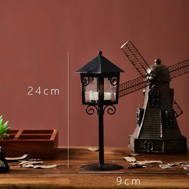 European Retro Wrought Iron Glass Wind Lamp Candle Holder Decoration Creative Wedding Home Decoratio