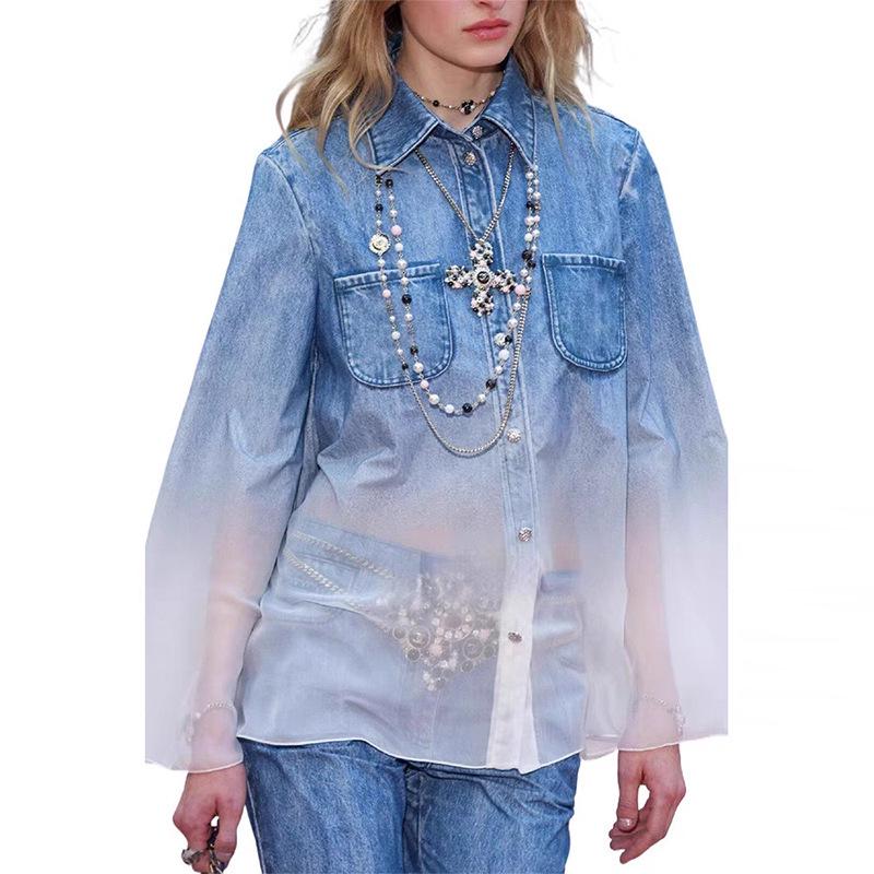 

European & American Style Gradient Two-Piece Set: Long-Sleeve Shirt + High-Waisted Straight-Leg Pants for Women. Large