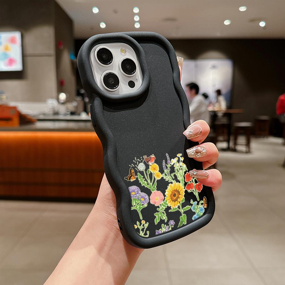 N75 Butterflies Flowers Macaron Wavy Edge Phone Cases for iPhone 16 Pro Max Samsung S24 S23 Ultra A35 A54 A55 Xiaomi Redmi Note 13 Shockproof Cover
