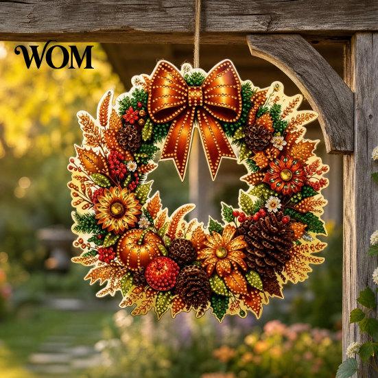 Decorative Holiday Accent Fall Pumpkin Sunflower Wreath Hanging Decor, Acrylic Hand Painted Transparent Pattern Ornament Window Ornament, Thanksgiving