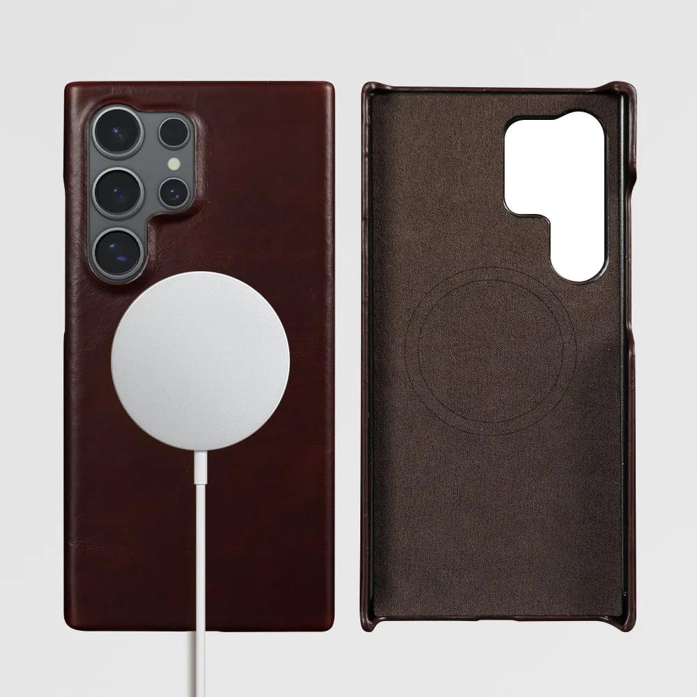 For Samsung S26 Ultra Case Magnetic Magsafe Oil Wax Genuine Leather Phone Cases For Galaxy S25 S24 S23 S22 Cover Wireless Charge