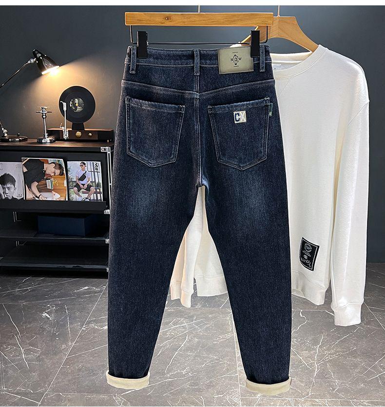 Men's Wear-Resistant Fleece-Lined Straight-Leg Stretch Slim-Fit Trendy Jeans