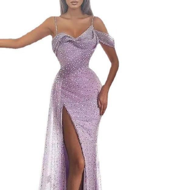 New European and American women's dress suspender long dress split sequined irregular evening dress