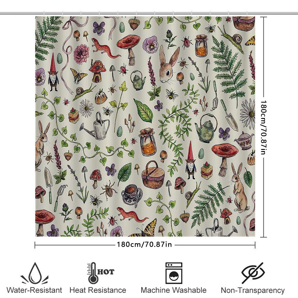 Botanical Shower Curtain Vintage Floral Nature Mushroom Forest Pattern Bathroom Decor Washable Fabric Backdrop