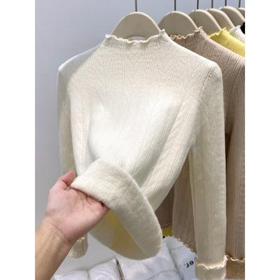 Semi-turtleneck Knitted Sweater Women's Autumn and Winter Thickened Integrated Fleece Fungus Edge Inner Top Texture Bottoming Shirt