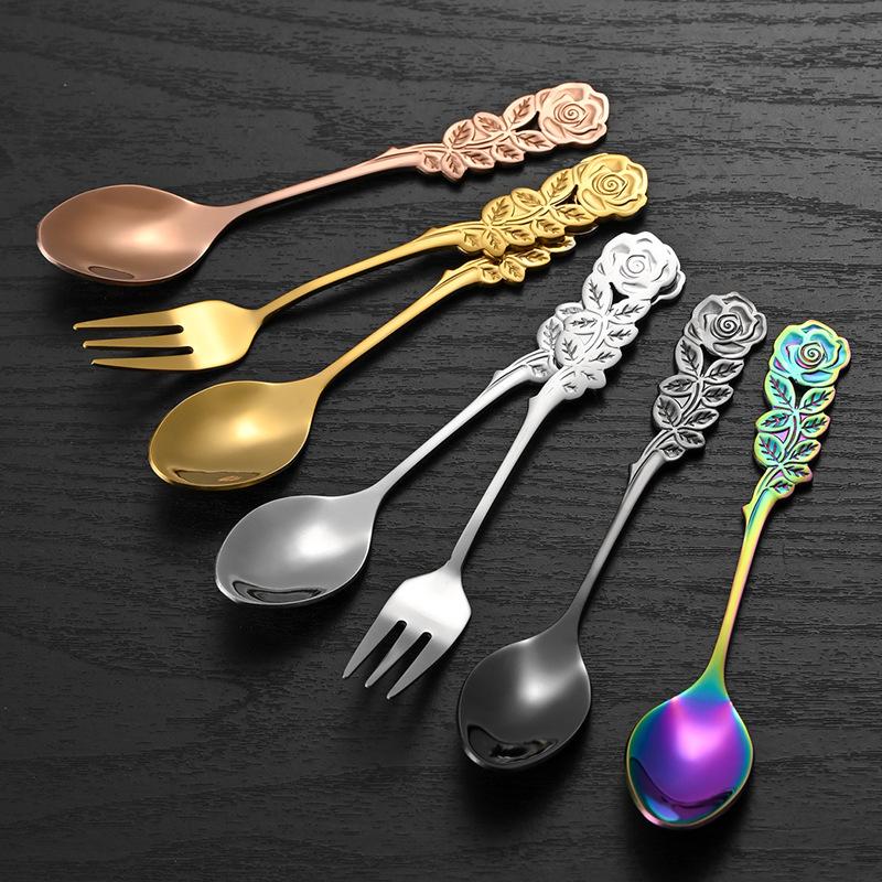 Mini 304 Stainless Steel Teaspoon with Rose Flower Handle Dessert Cake Coffee Ice Cream Stirring Tiny Spoon Tableware