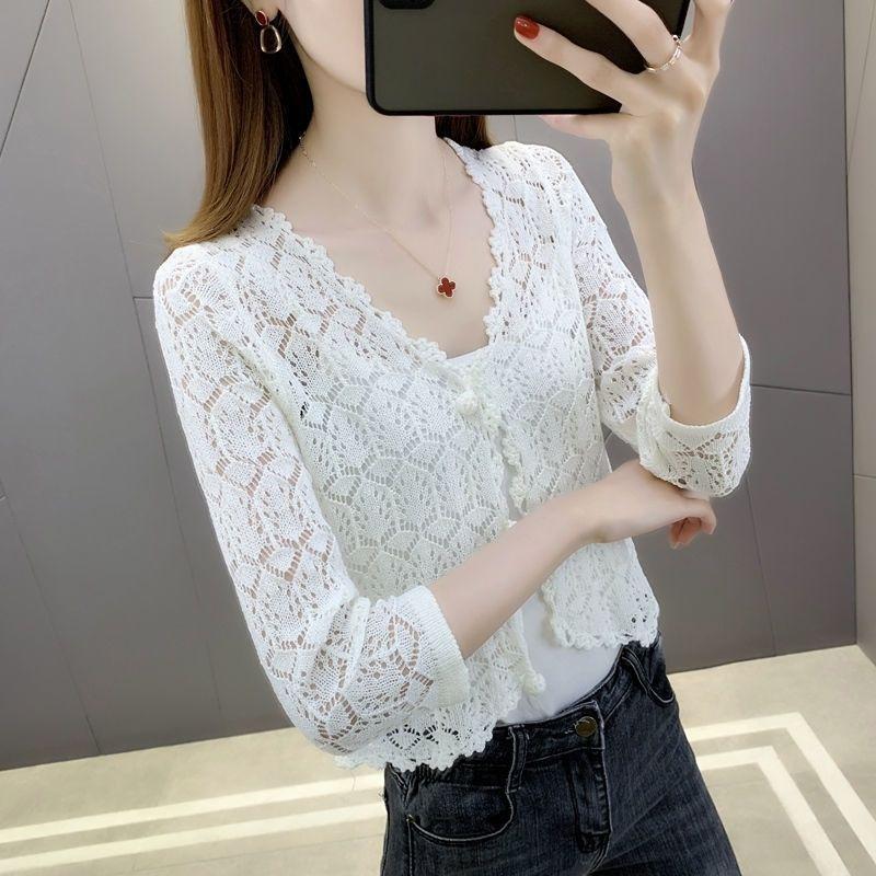 Summer Women's Cut-out Knit Sweater Thin Short Three-quarter Sleeve Sunscreen Cardigan