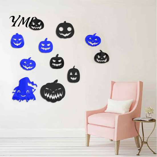 Matte Black Pumpkin Decor for Shop Window 11Pcs Halloween Mirror Wall Stickers, Self-Adhesive Acrylic Ghost Decals, DIY Removable Modern Art