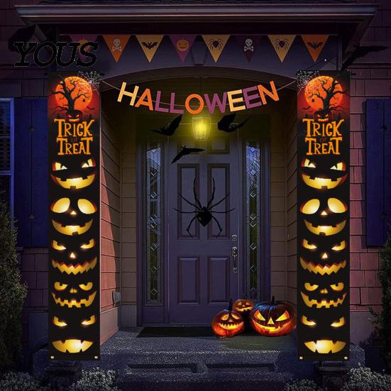 Halloween Festive Decor Porch Sign Banner, Pumpkin Ghost Party Awning Hanging Wall Atmosphere Decoration Door Decoration, Front Wreath Banner