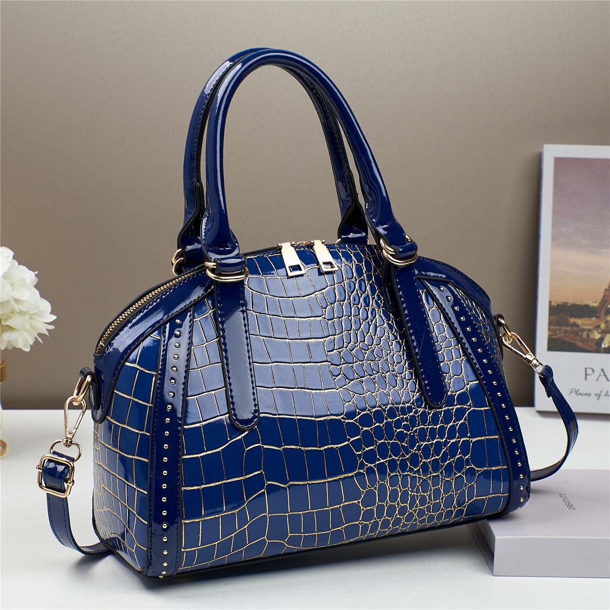 

Сумка и кошелек с каменным узором для женщин, лакированная кожа из искусственной кожи, блестящая сумка-тоут с верхней ручкой, женская рабочая сумка-шоппер на плечо синий