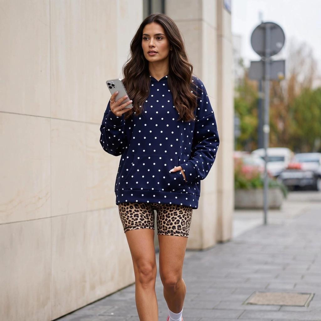Women's Polka Dot Print Casual Loose Hoodie Sweatshirt for Autumn Winter