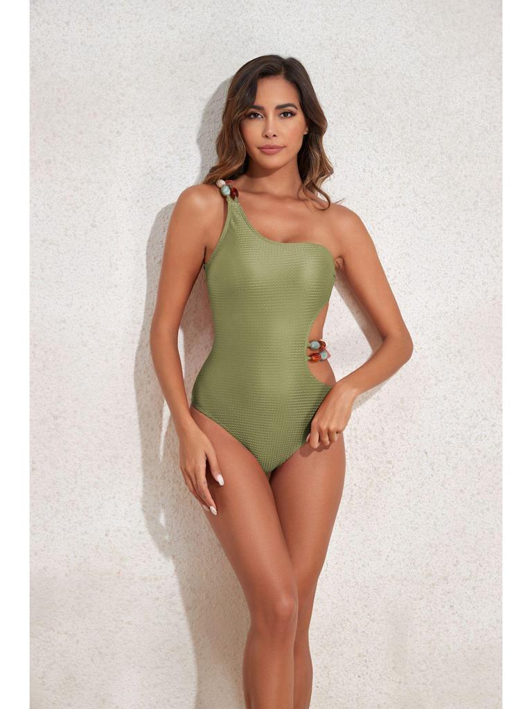 2025 Women's Beaded One-Shoulder Slimming Swimsuit: Tummy-Covering Bikini & Sun Protection Gauze Skirt